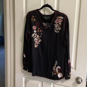 Caite Black Embroidered Long Sleeve V‑Neck Top